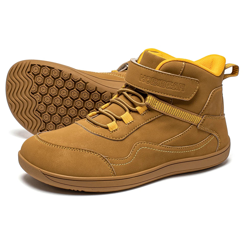 HOBIBEAR Kids Mid-Barefoot Shoes Big/Kid Wide Toe Box Zero Drop Artificial Leather Hook-Loop Outdoor Boots