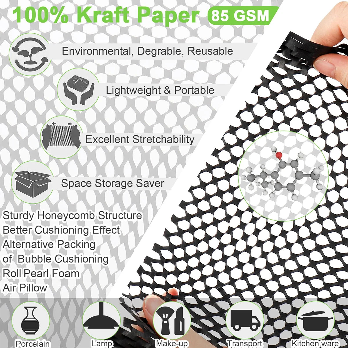 30m Black Honeycomb Paper Roll Natural Kraft Paper Wrapping Paper for Art Crafts Gift Packaging Etc