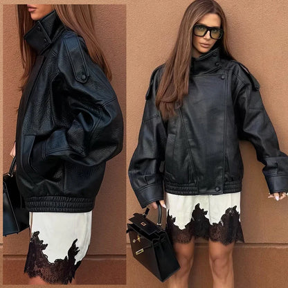 Women's Faux Leather Jacket 2025 New Fashion Autumn Black Long Sleeve Pebble Jacket Motorcycle Style Personality Ladies Jacket