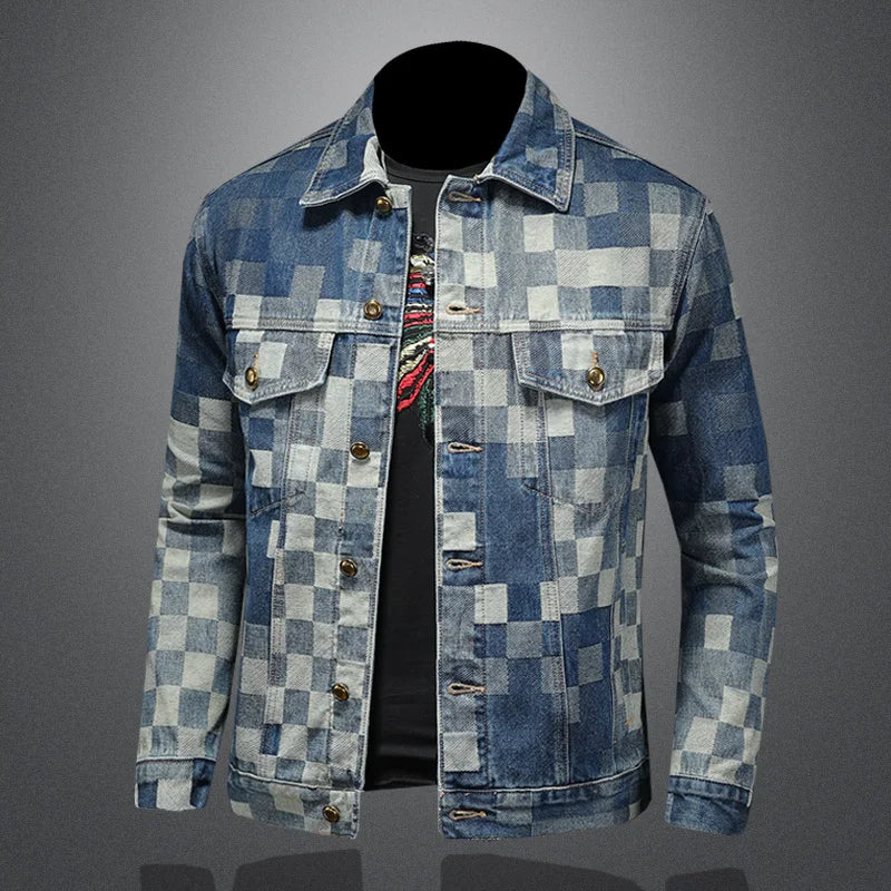 2025 Autumn Vintage Checkered Denim Jacket for Men Flip Collar Single Breasted Casual Business Jacket Social Street Wear Jeans