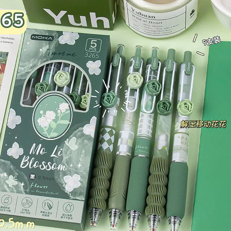 5Pcs Creative Rose Series 0.5mm Gel Pen Set Ultra Soft Silicone Pen Grip Quick-Drying Ink Pen Office Signature Pen