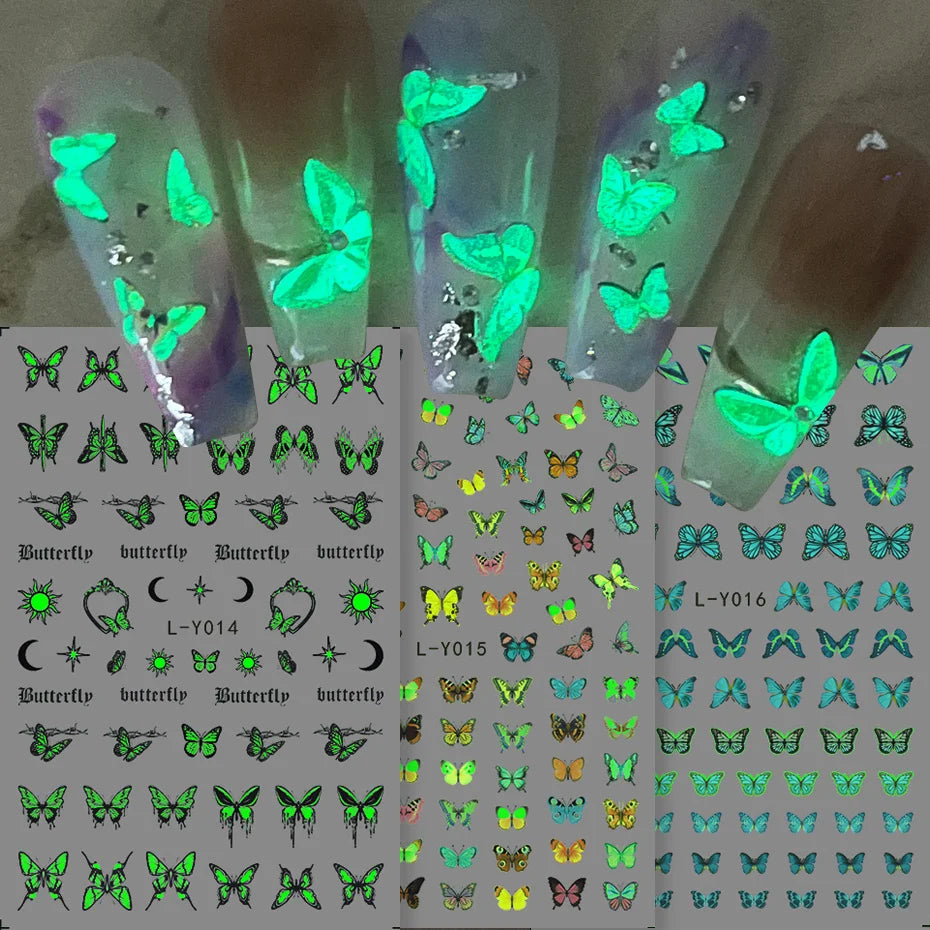 3pcs Luminous Butterfly Nail Decal Stickers Colorful Blue Butterfly Series Design Glow In The Dark Night Polish Sliders Manicure