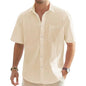 Men's Solid Color Cotton Linen Short Sleeve Shirts Vacation Beach Summer Tops with Pocket Casual Lightweight Button Shirts
