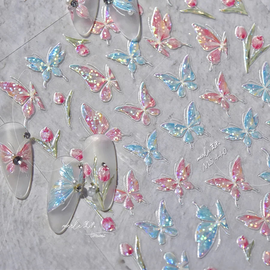 Shiny Jelly Butterfly Charming Golden Gradient Bowknot 5D Self Adhesive Nail Art Sticker Flower Petal Rhinestone Manicure Decals