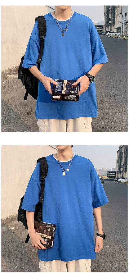 Oversized Summer Short Sleeve Men's T Shirt New Fashion Solid Loose O-Neck T Shirts Mens Cotton Hip Hop Streetwear Top Tees 5XL
