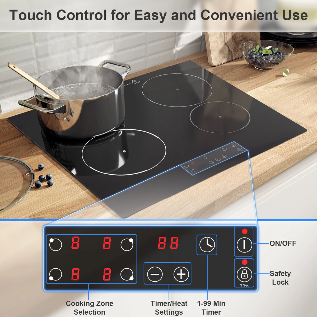 KICHPOWER 60 cm glass 4 plates Touch control, 9 power levels ceramic hob