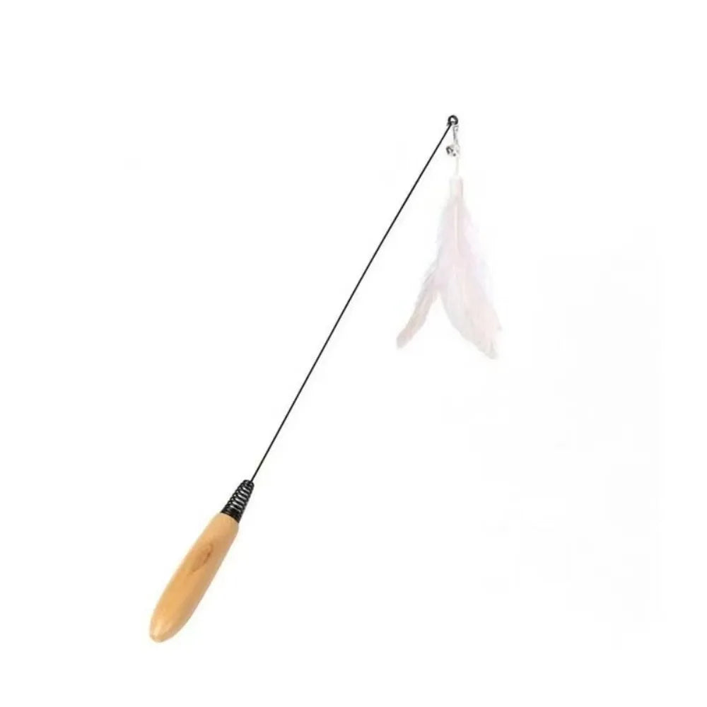 Wooden Handle Spring Teasing Cat Stick Feather Simulation Fishing Rod Cat Teaser Stick Interactive Replaceable Bell Squeaky Cat