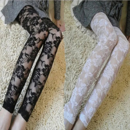 New Retro Sexy Net Yarn Lady Rose Lace Elegant Through Leggings Pants Footless Black White Women Summer Skinny Nine Pants