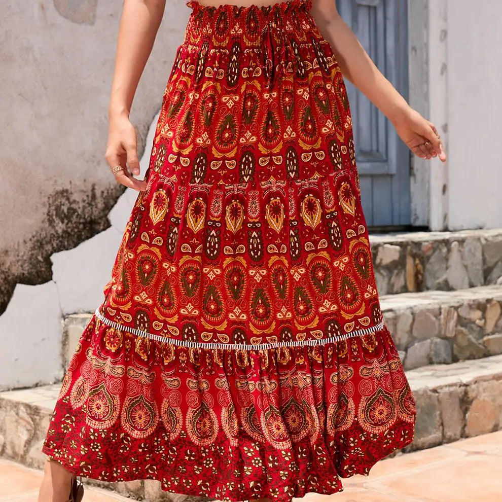 Women's Casual Temperament Skirt Women's Fashionable Bohemian Printed Elastic Waist Temperament Skirt Big Sway Temperament Skirt
