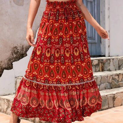 Women's Casual Temperament Skirt Women's Fashionable Bohemian Printed Elastic Waist Temperament Skirt Big Sway Temperament Skirt