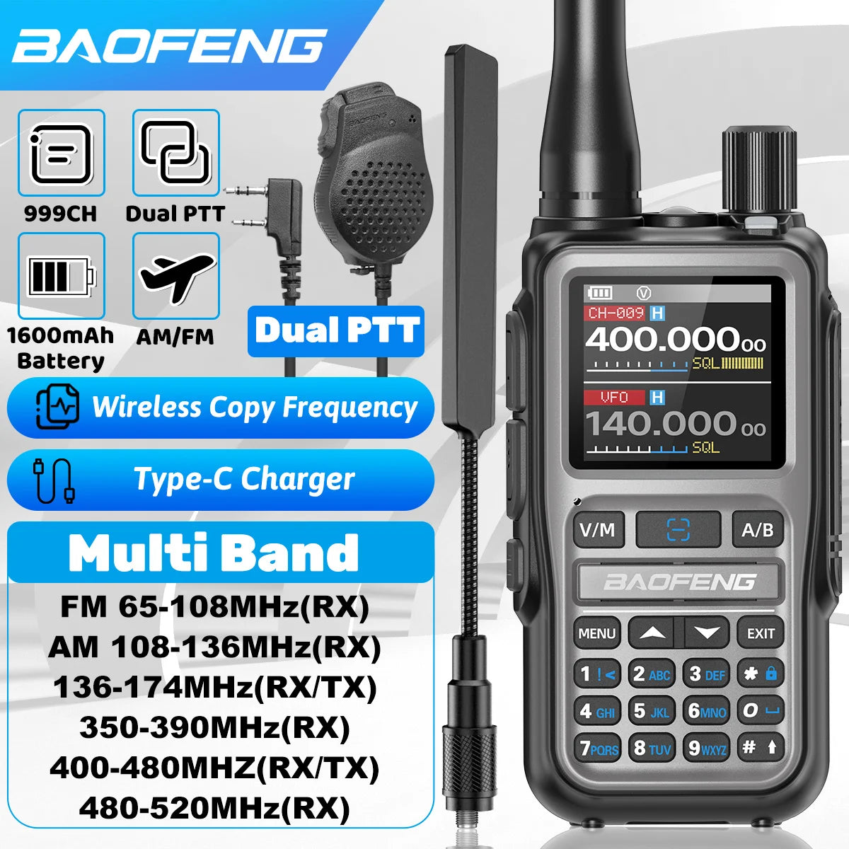 BAOFENG UV 5R Mini Walkie Talkie Dual PTT Bluetooth Programming Wireless Copy Frequency AM FM Long Range Small Size Ham Radio