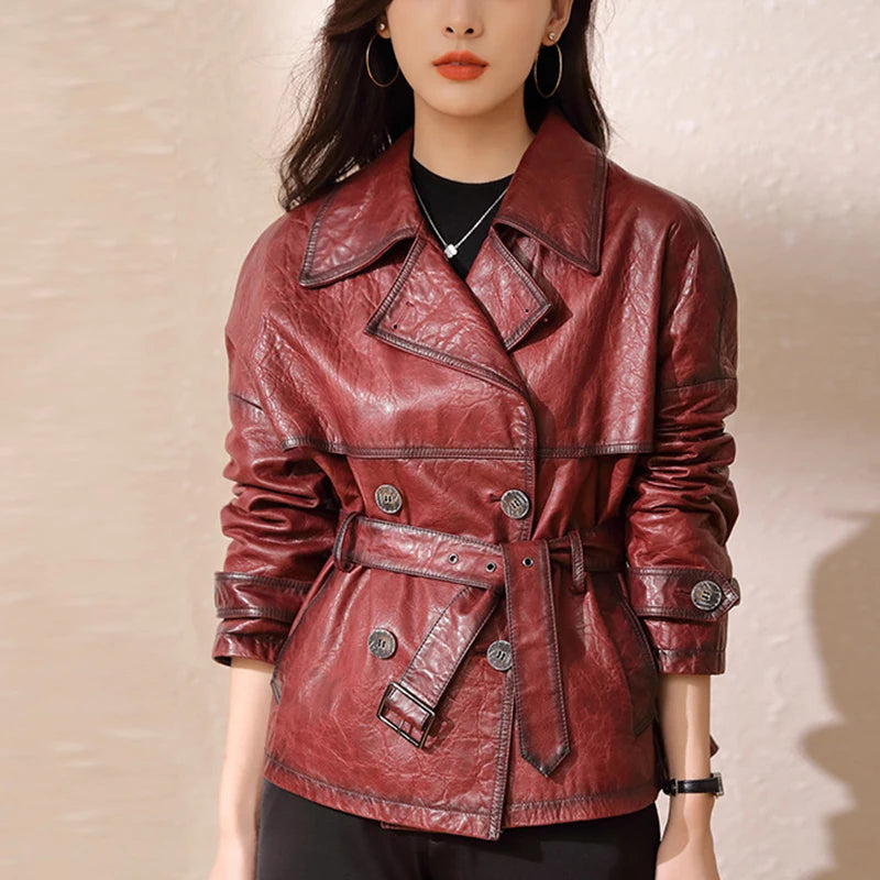 Roupas Femininas Autumn Women Suit Collar Lace-up Waist Oil Wax Sheepskin Gabardina Mujer Vintage Red Short Leather Trench Coat