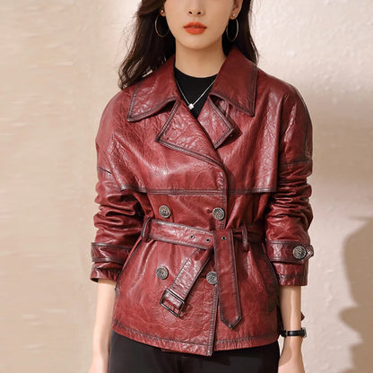Roupas Femininas Autumn Women Suit Collar Lace-up Waist Oil Wax Sheepskin Gabardina Mujer Vintage Red Short Leather Trench Coat