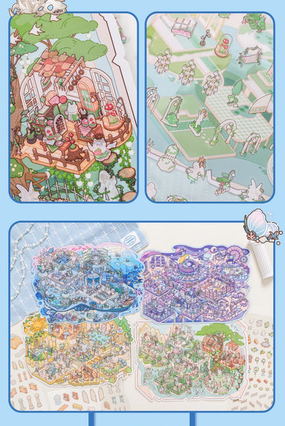 4 pcs Cartoon Miniature Scene 3D Landscaping Stickers DIY Cabin Scene Stacking and Pasting Hand Account Cute Gift for Kid Child