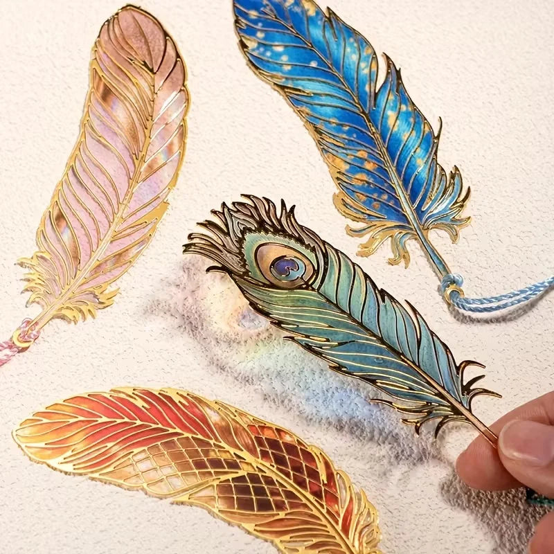 Chinese Style Metal Bookmark with Translucent Peacock Feather & Tassel - Vibrant Colors, Ideal Gift for Teachers/Students