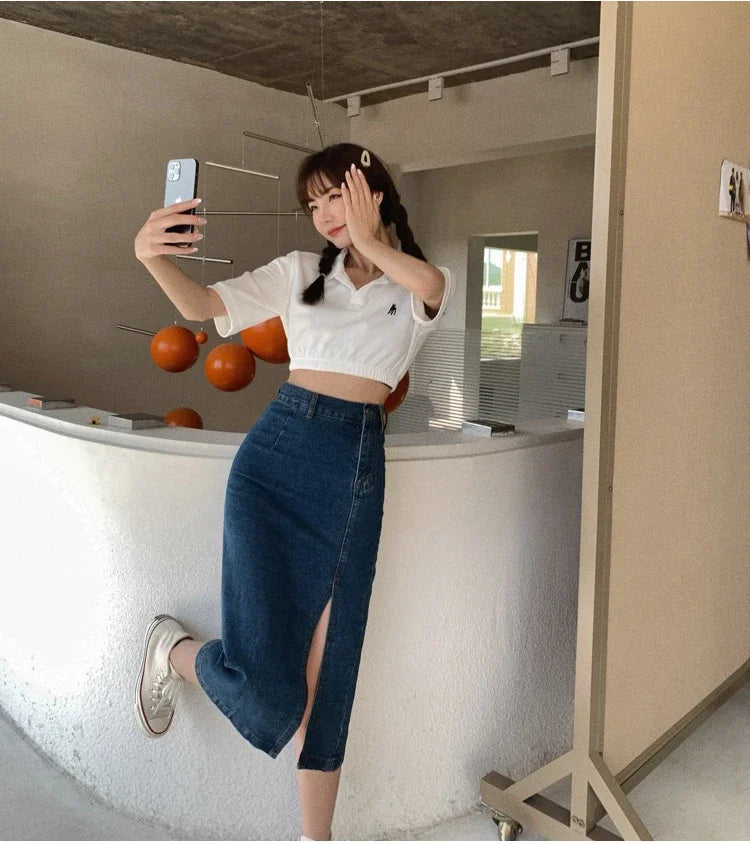 Korean Style Slim Bodycon Blue Skirts For Women 2026 Spring Summer New High Waist Split Denim Midi Skirt