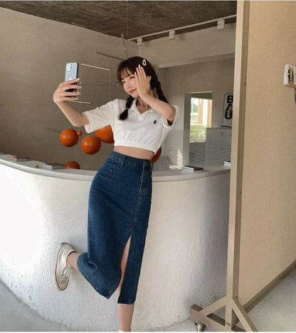 Korean Style Slim Bodycon Blue Skirts For Women 2026 Spring Summer New High Waist Split Denim Midi Skirt