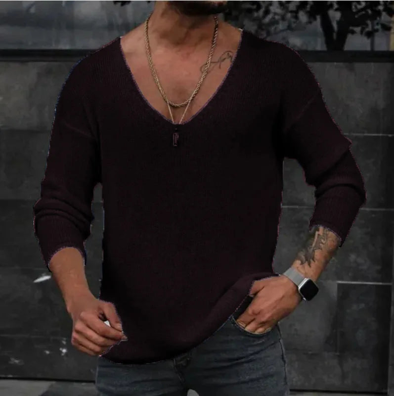 New 2026 Men's Casual Long Sleeve Knitted Sweaters Tops Solid Fashion Pullover Tops For Men Harajuku V-neck Streetwear Jumper