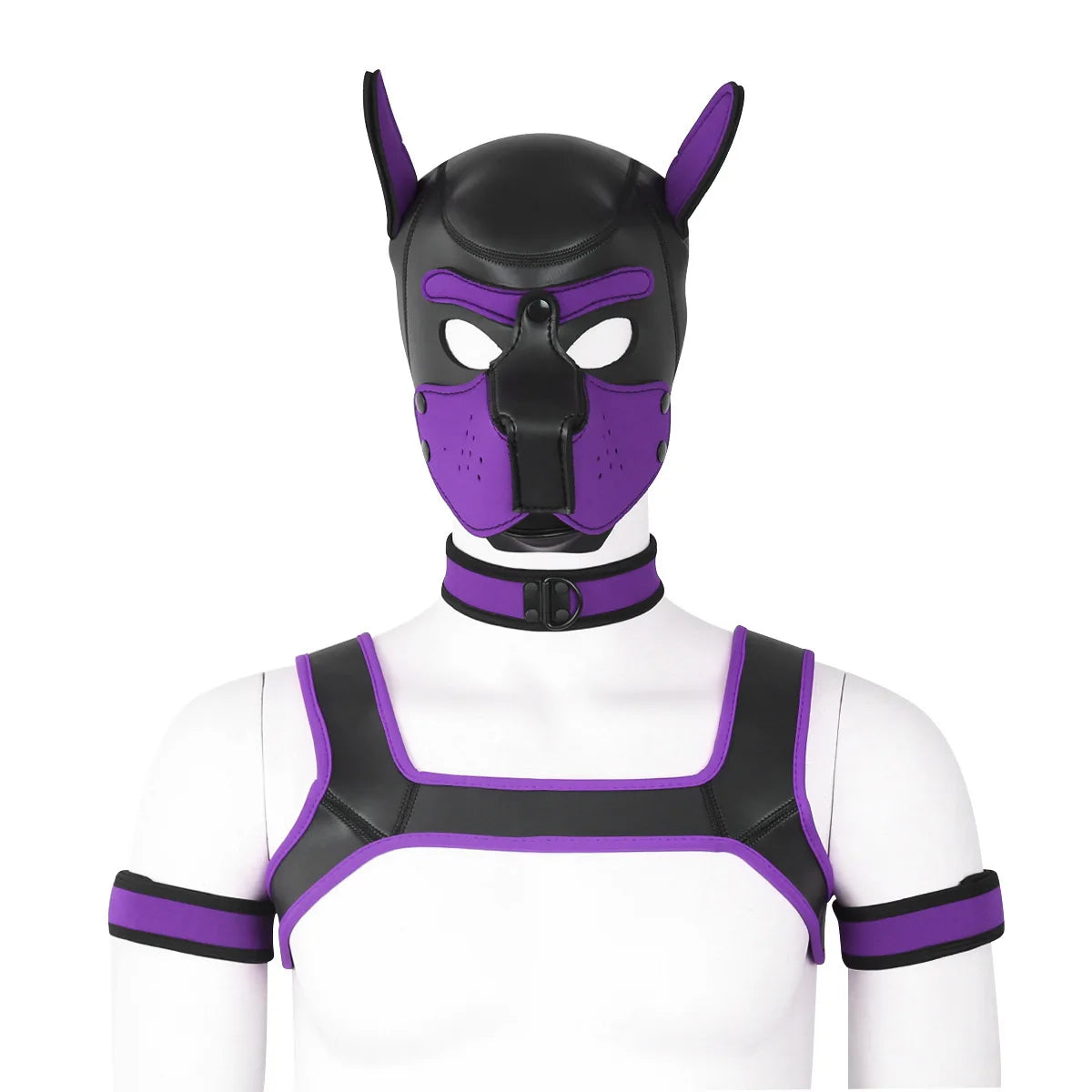 Large Size Puppy Cosplay Neoprene Fetish Hood Mask Kit with Chest Strap Collar Armband Sex Costumes for Bdsm Slave Role Play