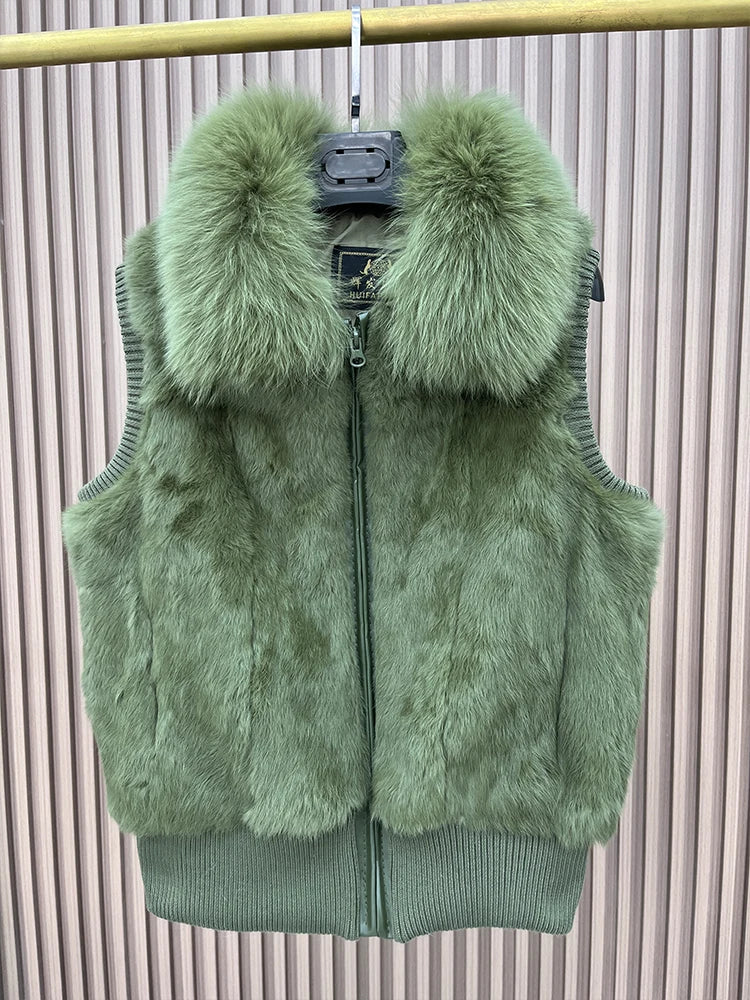 Women's Genuine Real Rabbit Fur Vest Coat Knitting Winter Fox Fur Collar Fur Jacket Casual Short Outwear Slim with Zipper