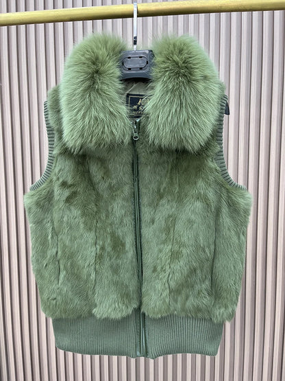 Women's Genuine Real Rabbit Fur Vest Coat Knitting Winter Fox Fur Collar Fur Jacket Casual Short Outwear Slim with Zipper