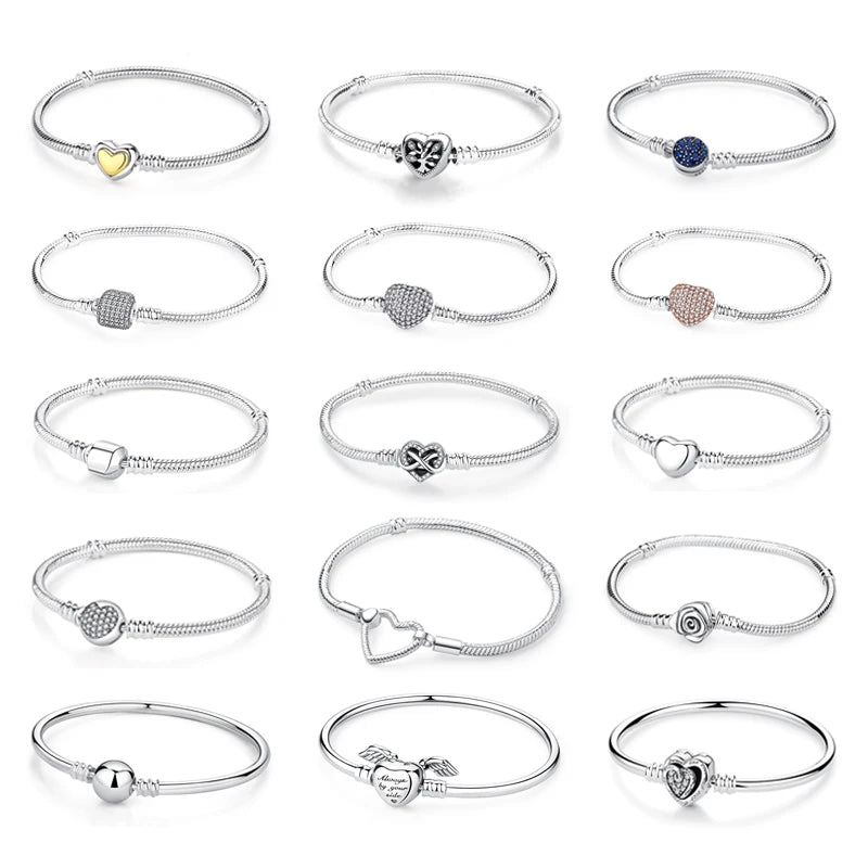 Original 925 Sterling Silver Bracelets Bangles Love Heart Clip Charms Beads Snake Chains For Women Rose Gold DIY Luxury Jewelry