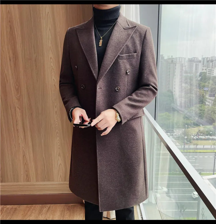 Autumn Winter Vintage Men's Woolen Long Coat Fashion Lapel High Quality Double Breasted Formal Men Slim Fit WindBreaker Overcoat