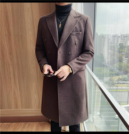Autumn Winter Vintage Men's Woolen Long Coat Fashion Lapel High Quality Double Breasted Formal Men Slim Fit WindBreaker Overcoat