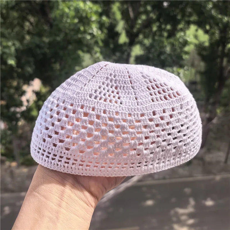New Summer White Pure Handmade Hooked Prayer Hat Muslim Knitted Kufi Hat Skull Cap Crochet Handmade Islamic Ramadan Prayer Cap