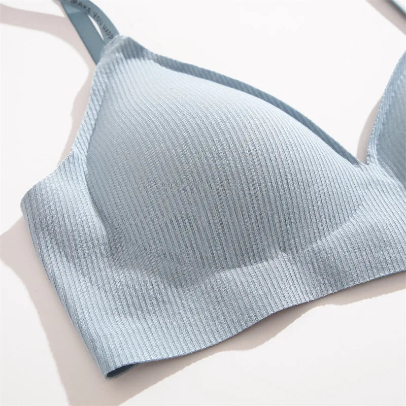 FINETOO Women Wireless Bra Deep V Padded Bralette S-XL Trendy Stripe Knitting Bras Sexy Ladies Brassiere Solid Underwear 6 Color