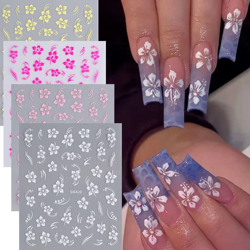 5D Hibiscus Flower Nail Embossed Sticker Acrylic Pink White Gold Petal Leaf Adhesive Decal Butterfly Dragon Floral Elegant Decor