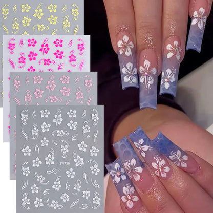 5D Hibiscus Flower Nail Embossed Sticker Acrylic Pink White Gold Petal Leaf Adhesive Decal Butterfly Dragon Floral Elegant Decor