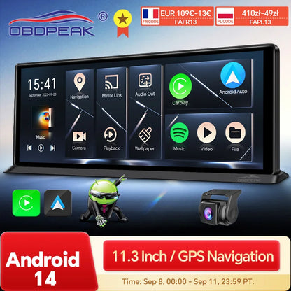K60 Pro 11.3" 4G+64G WIFI Android 14 AI Screen GPS Navigation Carplay Android AUTO 1080P Dash Cam RearView Mirror Video Recorder