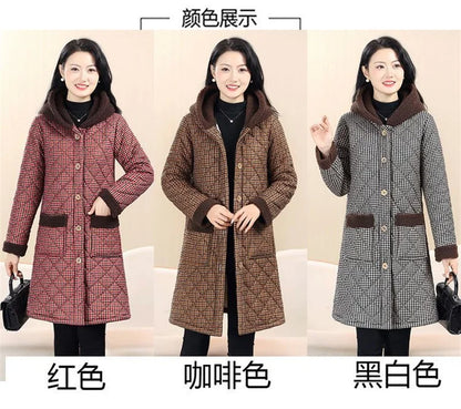 Winter Coat New Vintage Velvet And Thickening Single breasted Cotton Coat for Women Fit Cotton Clip Warm Long Parka Plaid Coat