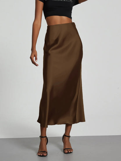 21 Colors New 2026 Women's Elegant High Waist Satin Long Skirts Female Summer Solid Color Faldas