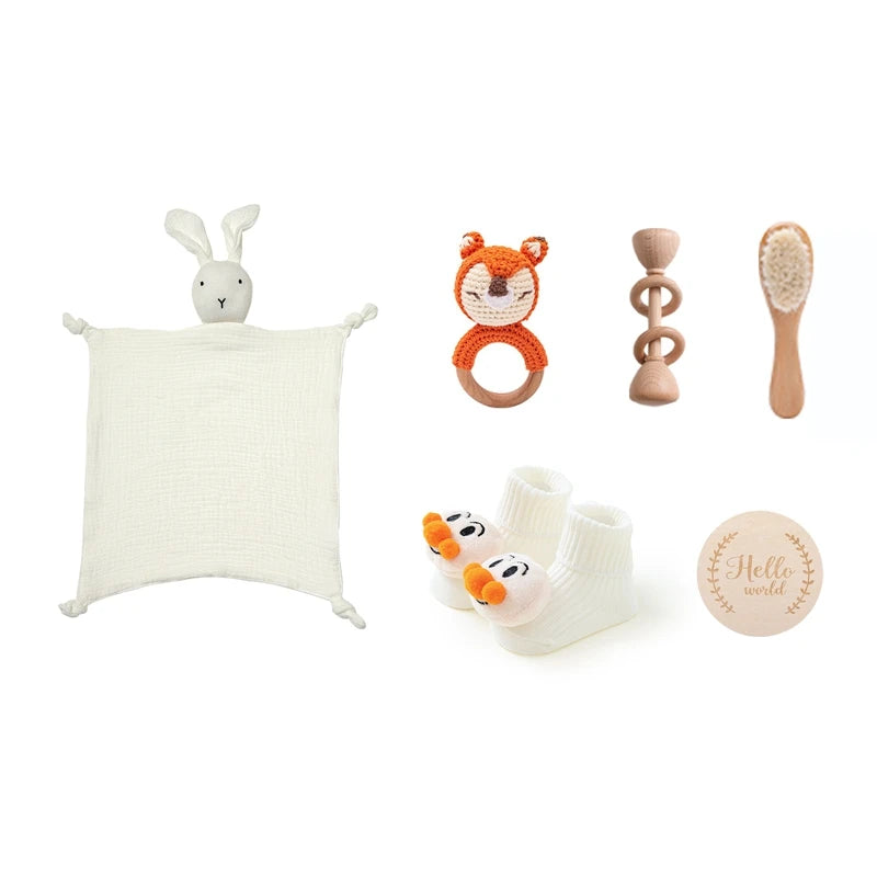 Newborn Baby Bath Set with Double Sided Cotton Blanket Face Saliva Towel Crochet Rattle Toy Wool Brush,Gift Box for Baby Shower