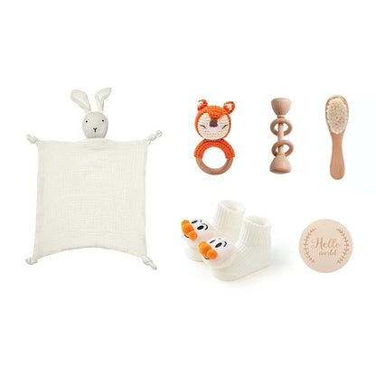 Newborn Baby Bath Set with Double Sided Cotton Blanket Face Saliva Towel Crochet Rattle Toy Wool Brush,Gift Box for Baby Shower