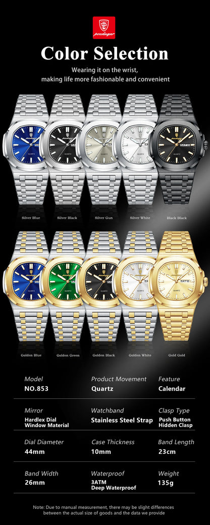 POEDAGAR Luxury Square Men's Watches Waterproof Luminous Date Week Men Watch Stainless Steel Fashion Quartz Man Wristwatch Reloj