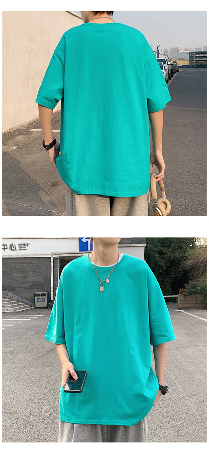Oversized Summer Short Sleeve Men's T Shirt New Fashion Solid Loose O-Neck T Shirts Mens Cotton Hip Hop Streetwear Top Tees 5XL