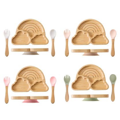 Baby Wooden Tableware Set Wooden Handle Fork Spoon Could Bamboo Wooden Plate Bowl Silicone Suction for Children Feeding Supplies