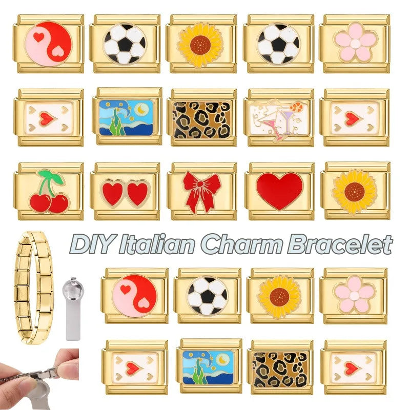 Gold Color Heart Sunflower Cherry Tai Chi Leopard Italian Charm Links Fit 9MM Bracelet Stainless Steel Men Women DIY Making Gift