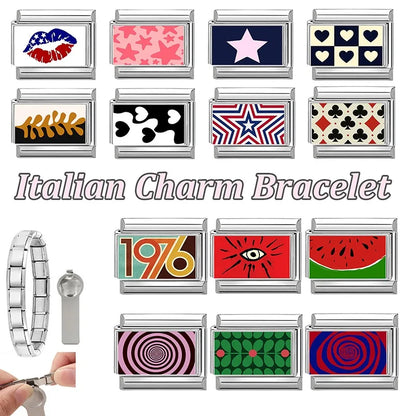 2026 Women Colored Star 1976 Eyes Heart Swan Watermelon Charms Italian Links Fit 9mm Bracelet Stainless Steel DIY Making Jewelry