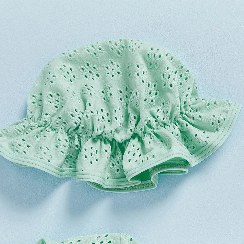 Infant Baby Girl Eyelet Swimsuit with Swimming Hat Toddler 2 Pcs Set Long Sleeve Round Neck Ruffled Romper Kids Bathing Suit