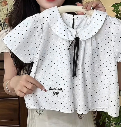 2025 Summer New Children Clothing for Girls Children Turn-down Collar Top for Girls Casual Short Sleeved Polka Dot T-shirt