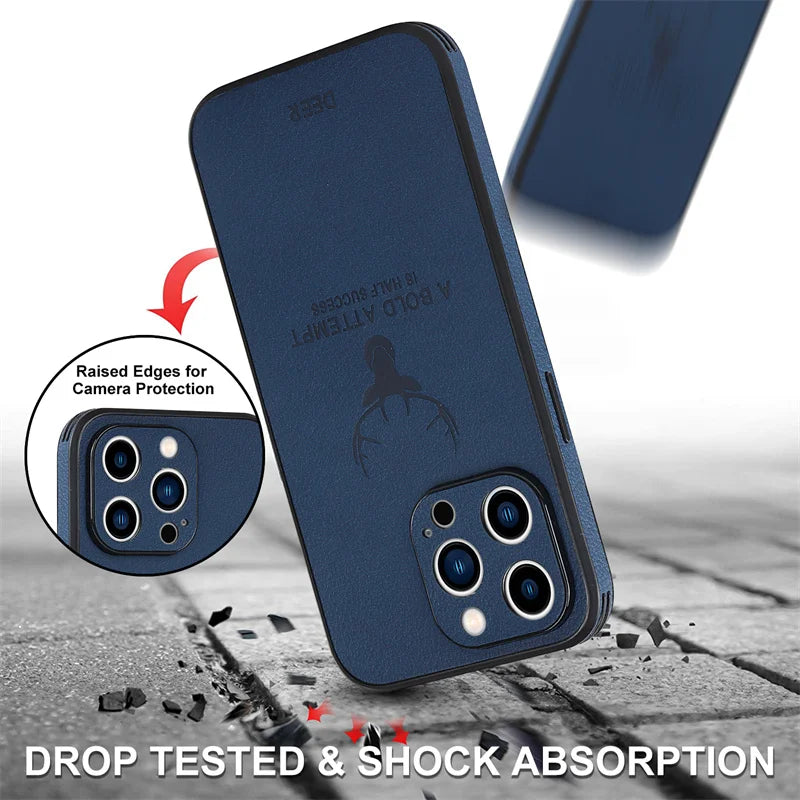 Luxury Business Leather Bumper Case For iPhone 17 Air 16 15 14 13 12 11 Pro Max Mini Plus Shockproof Soft Deer Head Back Cover