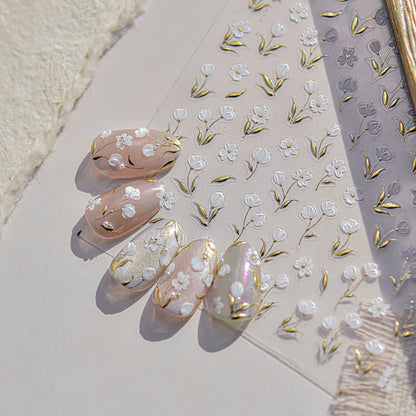 Gold Leaf White Flower Bouquet Floral Petal Tulip Bloom Charming Retro Metal Self Adhesive 5D Nail Art Sticker Manicure Decals