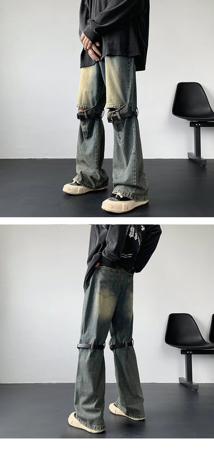 Men's Jeans Retro Trousers Knee Holes Splicing High Street Loose Denim Trousers Flared Jeans Straps Cowboy Casual Long Pants