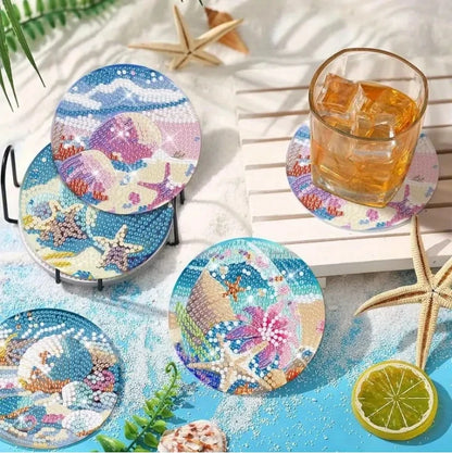 8pcs/Set DIY Diamond Painting Coasters with Holder Anti Slip Wood Drip Mats Crystal Rhinestones Diamond Art Coasters for Adults