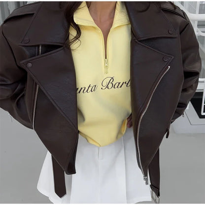 Retro Brown Lace Up Lapel Leather Jacket Women Fashion Zipper Pocket Full Sleeve Short Coat 2025 New Autumn High Street Outwears