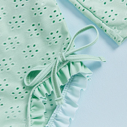 Infant Baby Girl Eyelet Swimsuit with Swimming Hat Toddler 2 Pcs Set Long Sleeve Round Neck Ruffled Romper Kids Bathing Suit